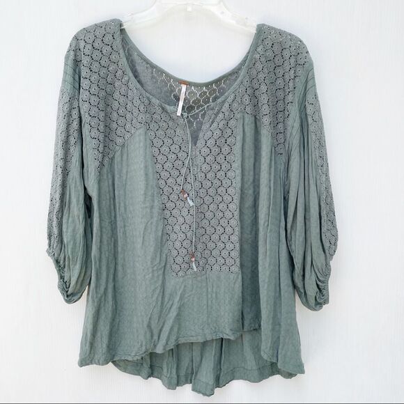 Free People Tops - Free People Size S 3/4 Sleeve Eyelet Boho Blouse Top Tassel Lace